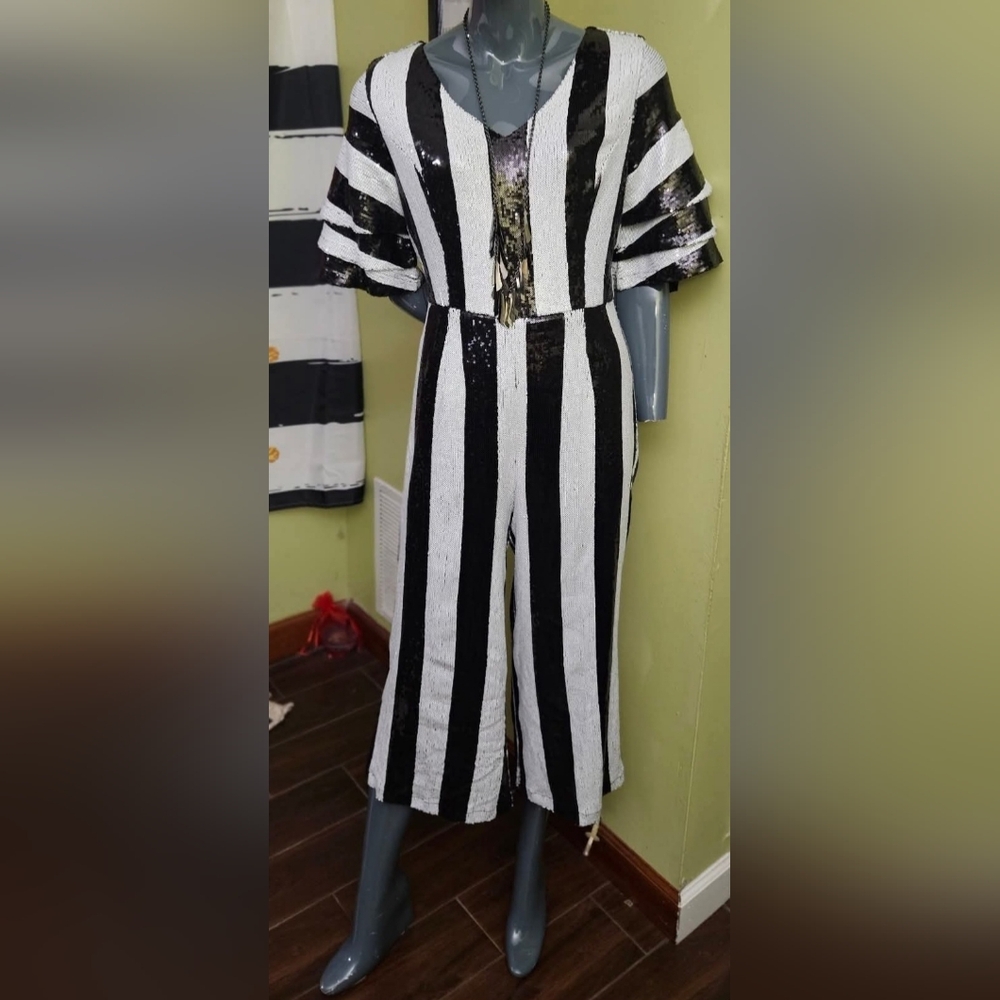 ASHROS Black and Silver Sequin Striped Jumpsuit